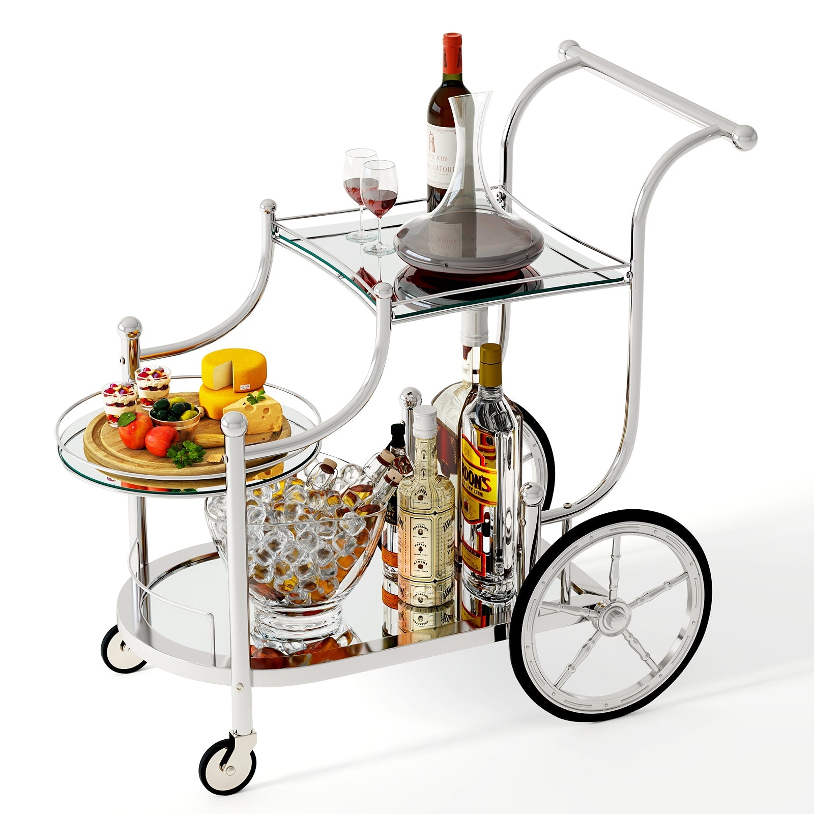 Tangkula Rolling Bar Cart, Metal Serving Cart with Tempered Glass, 3-Tier Glass Bar and Serving Cart